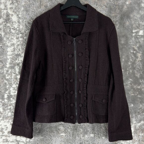 Harve Benard Womens Size L 100% Wool Full Zip Jacket Brown Button Long Sleeve - Picture 1 of 9